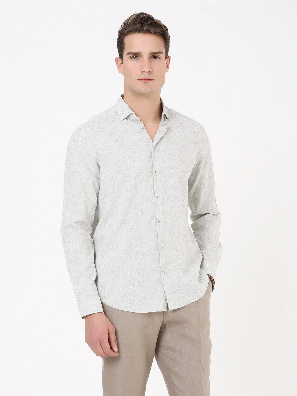 Açık Haki Desenli Regular Fit Dokuma Casual Pamuk Karışımlı Gömlek - 3