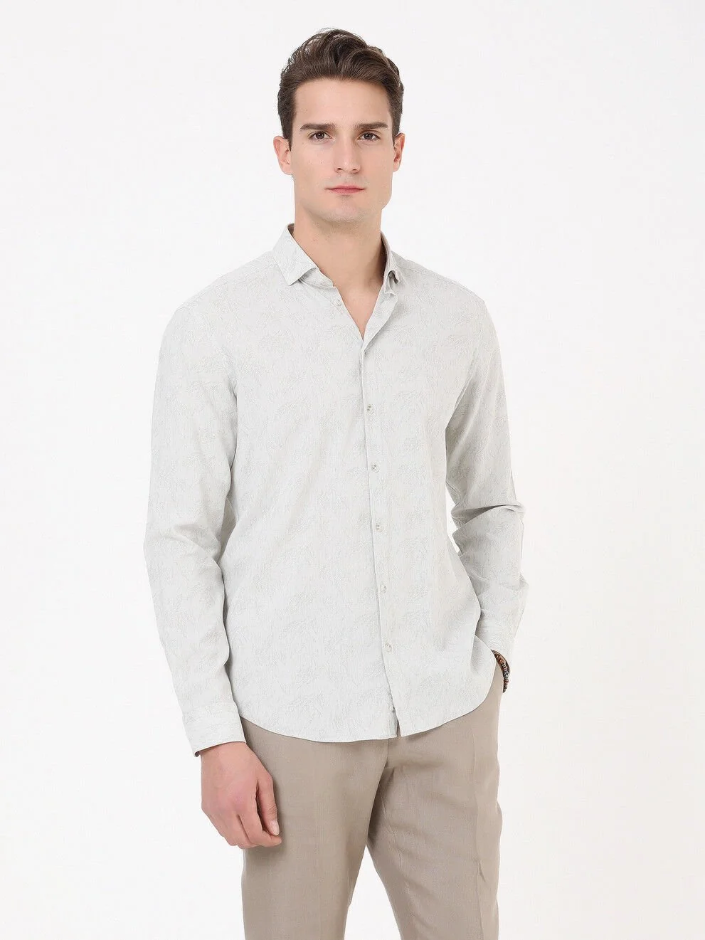 Açık Haki Desenli Regular Fit Dokuma Casual Pamuk Karışımlı Gömlek - 3