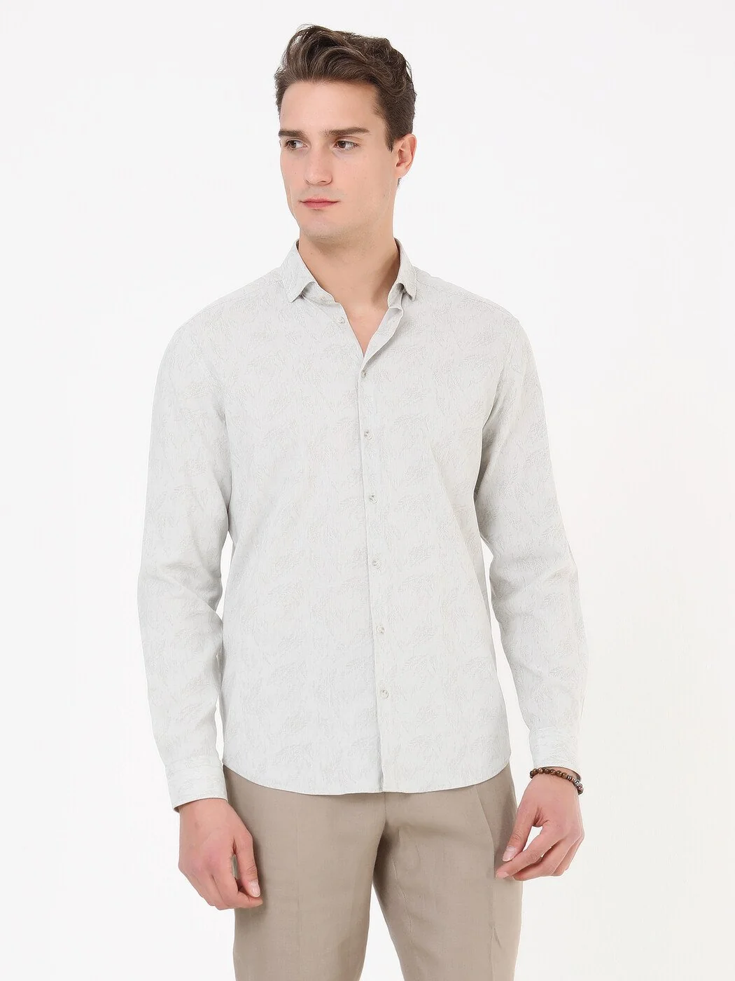 Açık Haki Desenli Regular Fit Dokuma Casual Pamuk Karışımlı Gömlek - 4