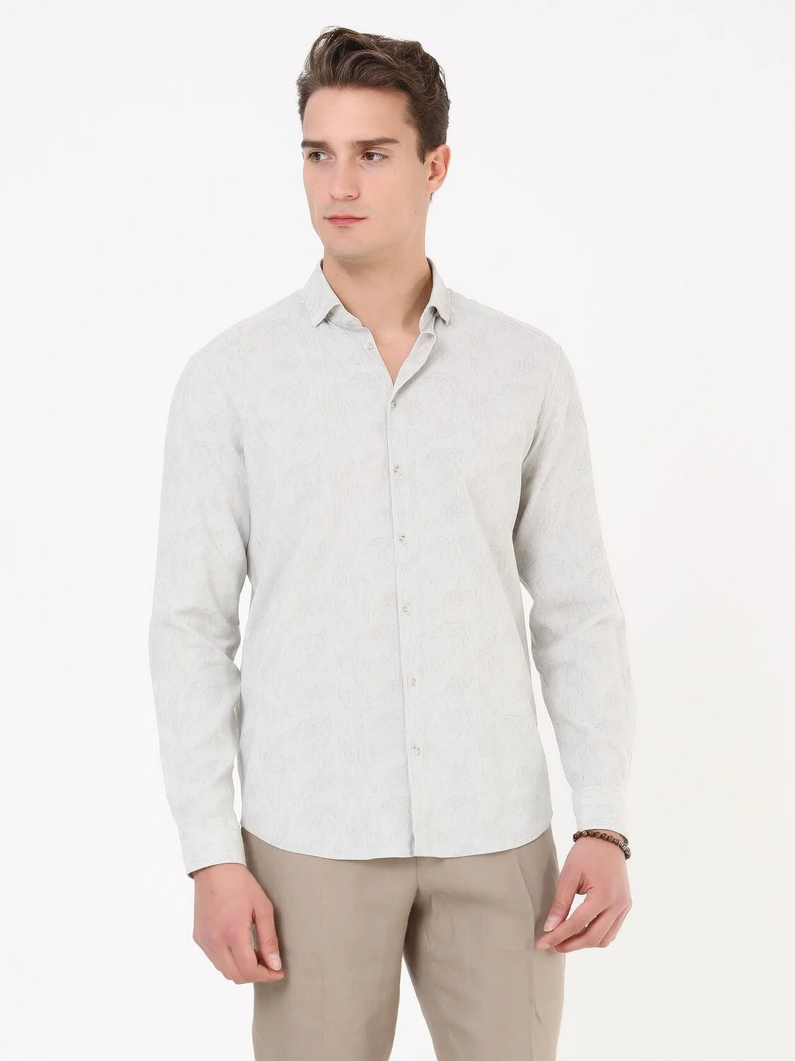 Açık Haki Desenli Regular Fit Dokuma Casual Pamuk Karışımlı Gömlek - 4