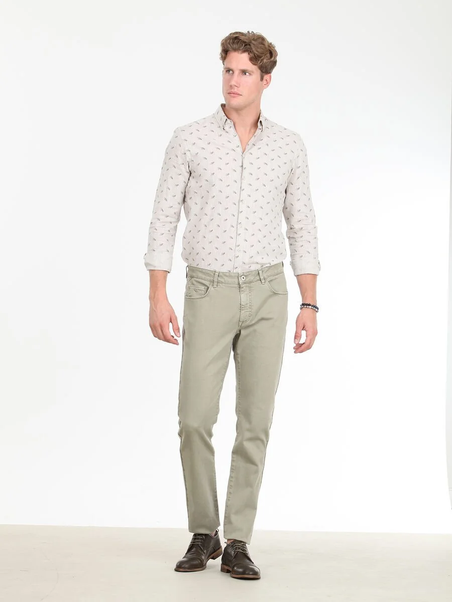 Açık Haki Düz Dokuma Regular Fit Casual Pamuk Karışımlı Pantolon - 3