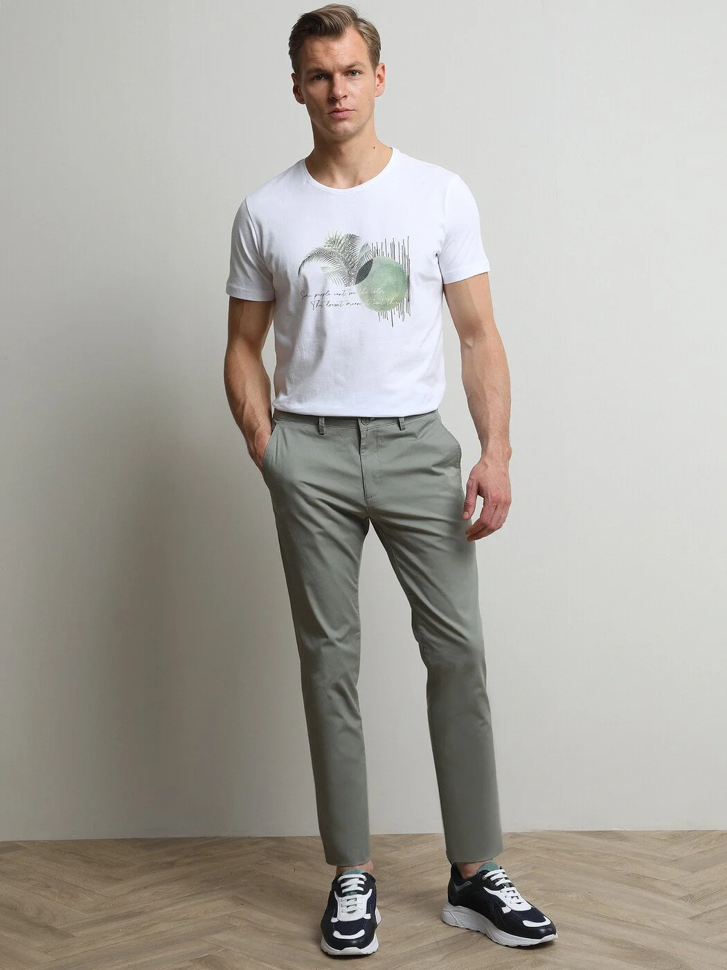 Açık Haki Düz Dokuma Regular Fit Casual Pamuk Karışımlı Pantolon - 1