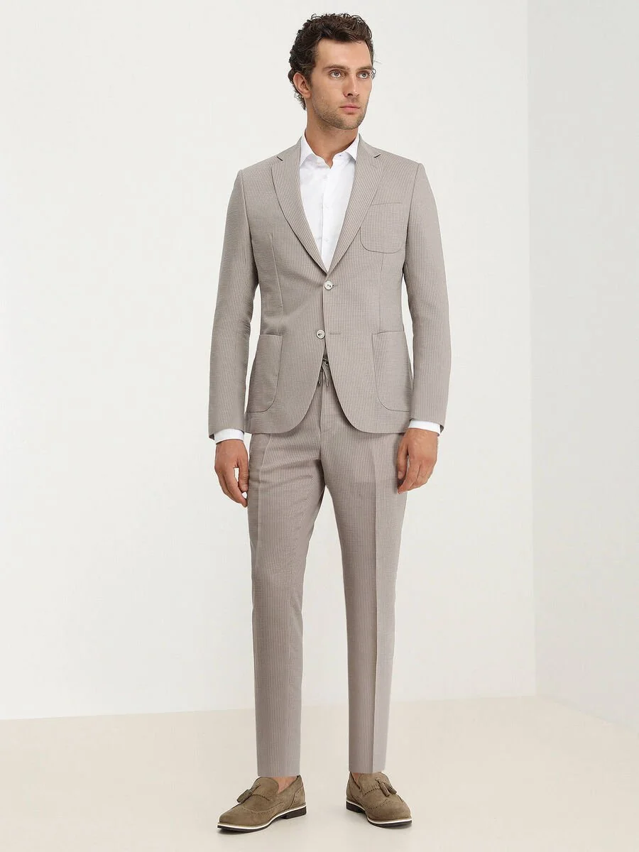 Açık Kahve Çizgili Modern Fit Takım Elbise - 2