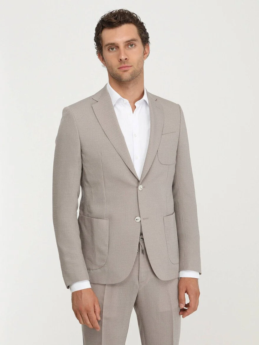 Açık Kahve Çizgili Modern Fit Takım Elbise - 3