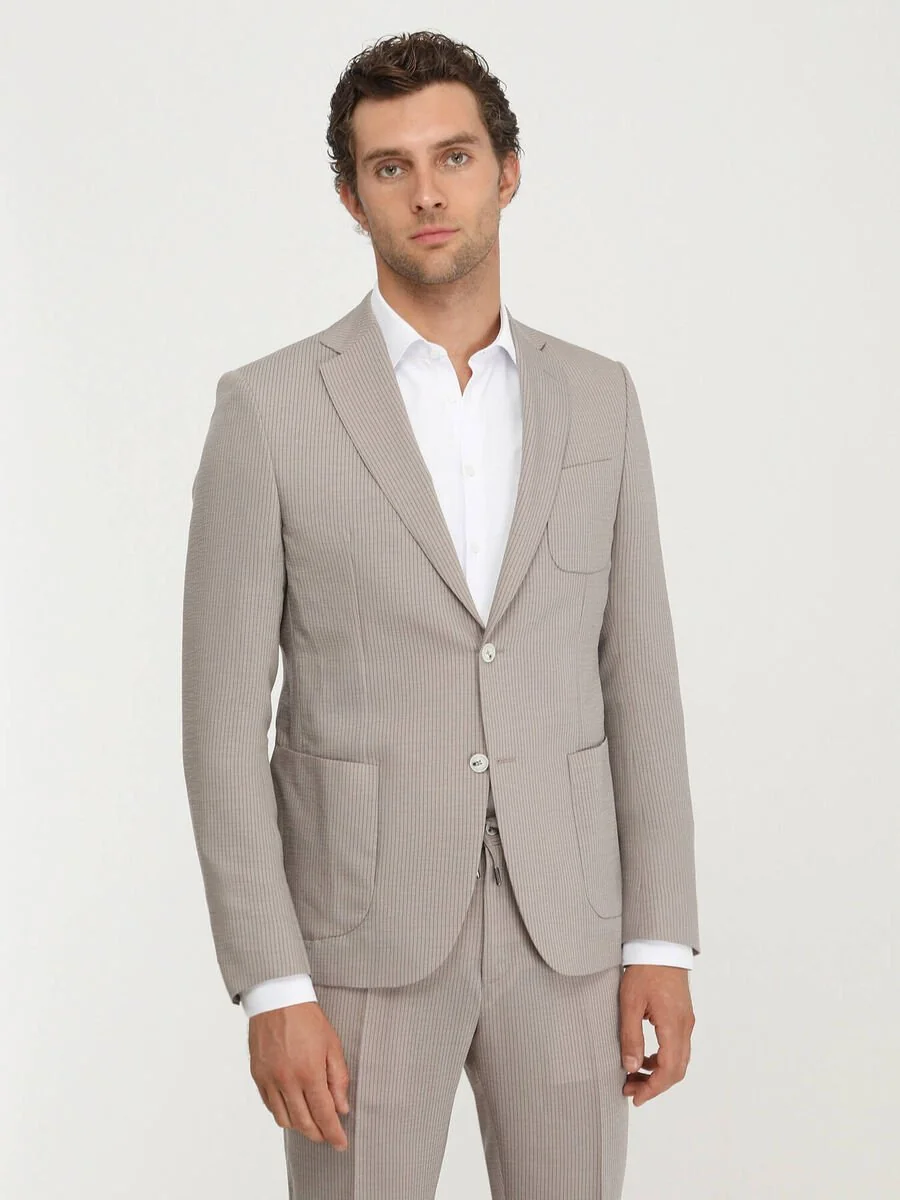 Açık Kahve Çizgili Modern Fit Takım Elbise - 3