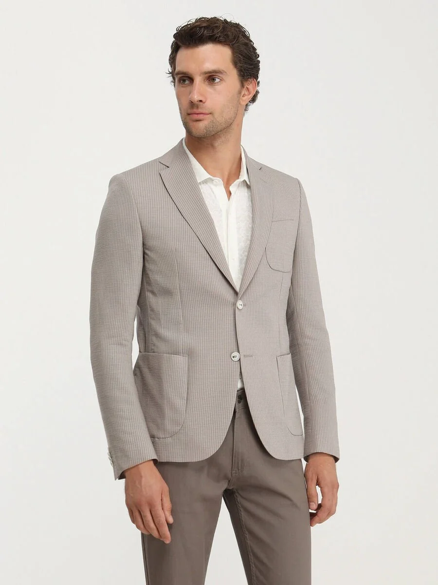 Açık Kahve Çizgili Modern Fit Takım Elbise - 4