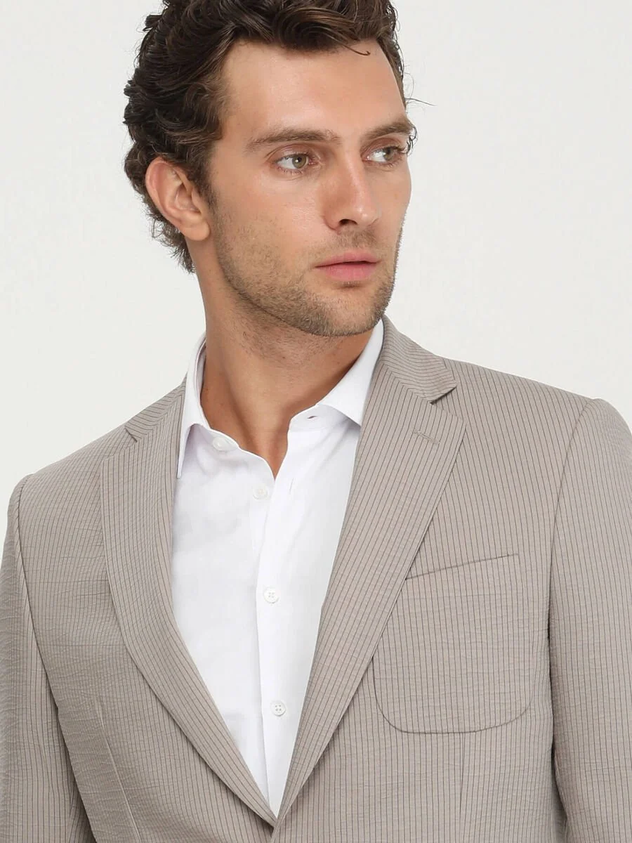 Açık Kahve Çizgili Modern Fit Takım Elbise - 5