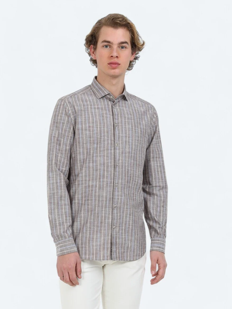 Açık Kahve Çizgili Regular Fit Dokuma Casual %100 Pamuk Gömlek - 1