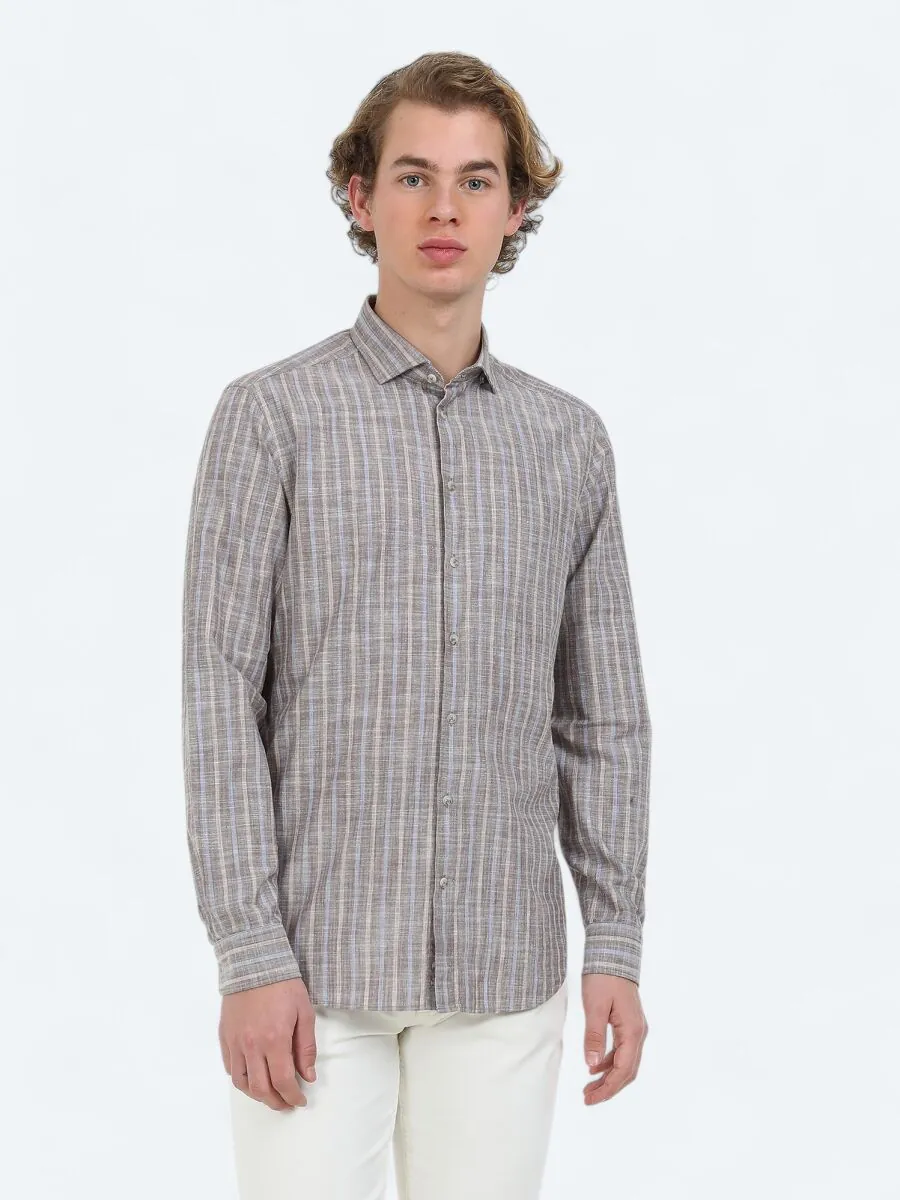 Açık Kahve Çizgili Regular Fit Dokuma Casual %100 Pamuk Gömlek - 1