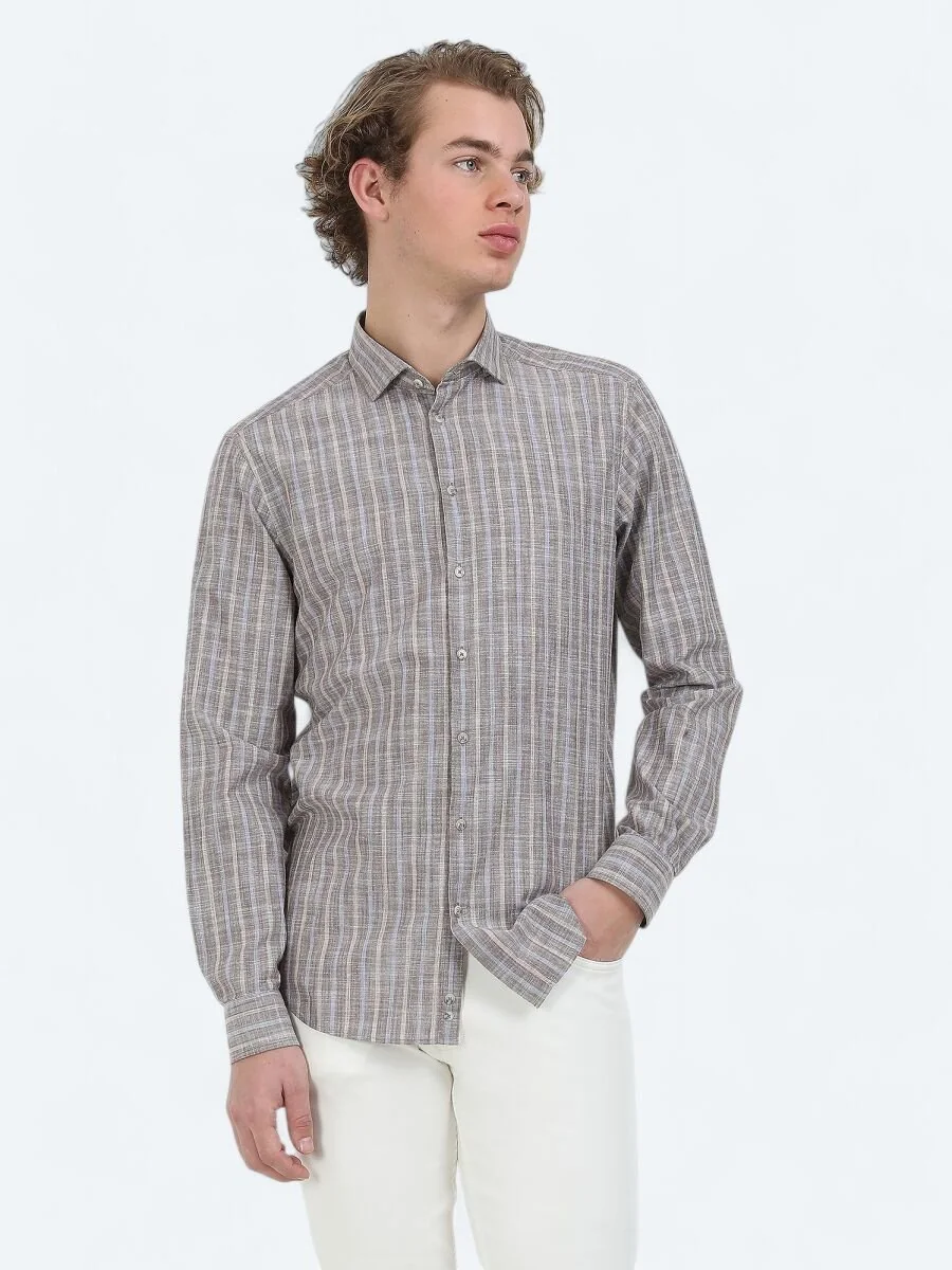Açık Kahve Çizgili Regular Fit Dokuma Casual %100 Pamuk Gömlek - 2