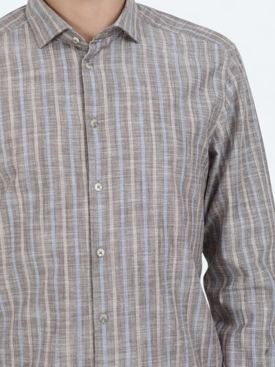 Açık Kahve Çizgili Regular Fit Dokuma Casual %100 Pamuk Gömlek - 3