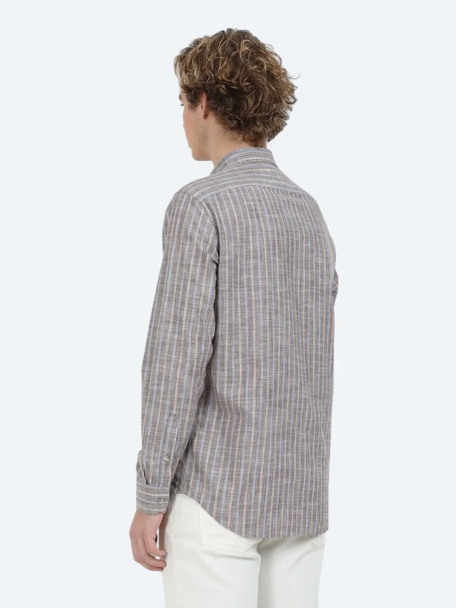 Açık Kahve Çizgili Regular Fit Dokuma Casual %100 Pamuk Gömlek - 5