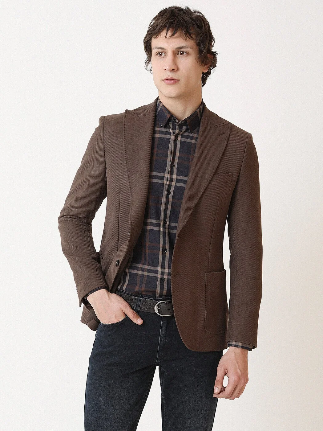 Açık Kahve Desenli Slim Fit Ceket - 1