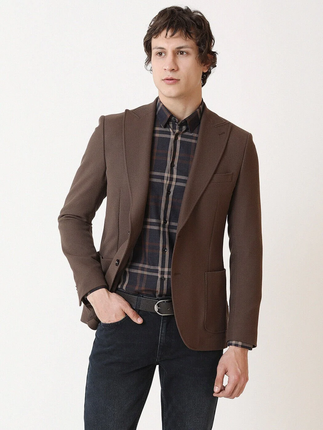 Açık Kahve Desenli Slim Fit Ceket - 1