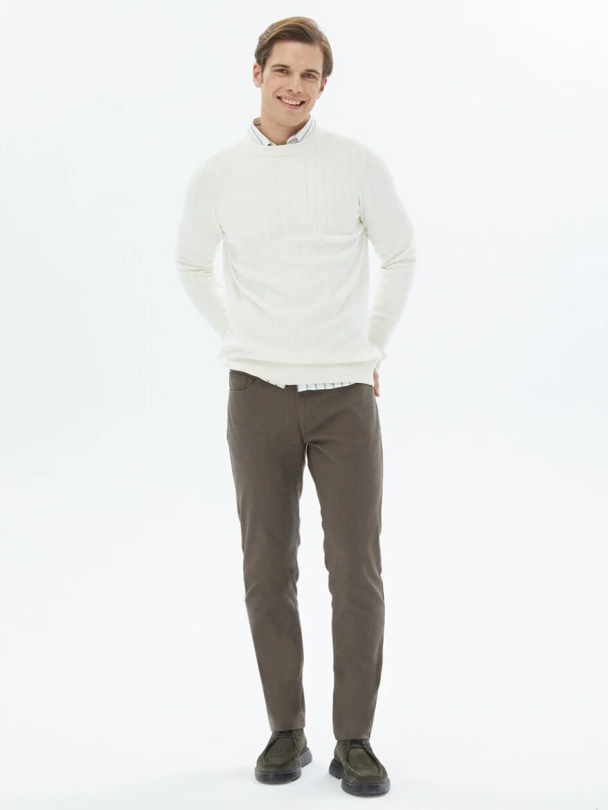 Açık Kahve Dokuma Slim Fit Casual Pamuk Karışımlı Pantolon - 1