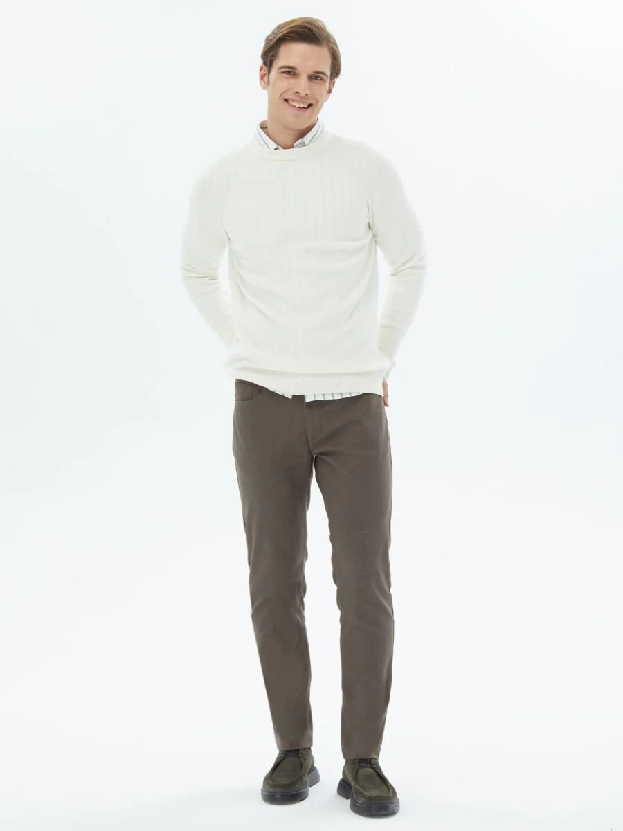 Açık Kahve Dokuma Slim Fit Casual Pamuk Karışımlı Pantolon - 1