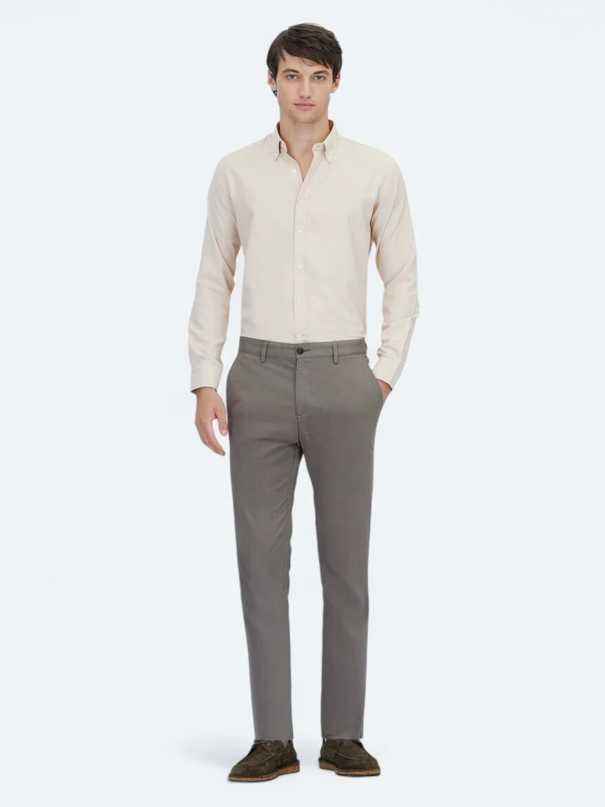 Açık Kahve Düz Dokuma Regular Fit Casual Pamuk Karışımlı Pantolon 