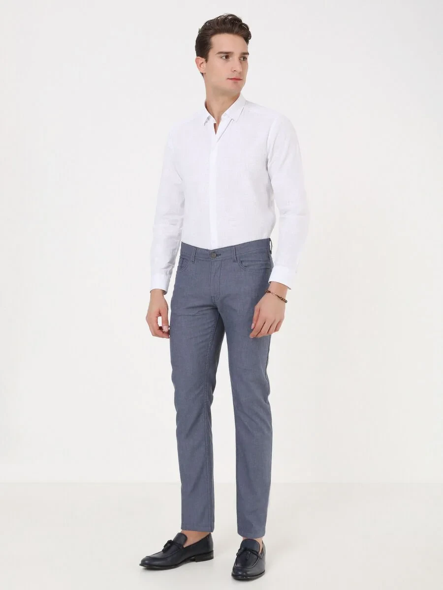 Açık Lacivert Dokuma Regular Fit Casual Pamuk Karışımlı Pantolon - 2