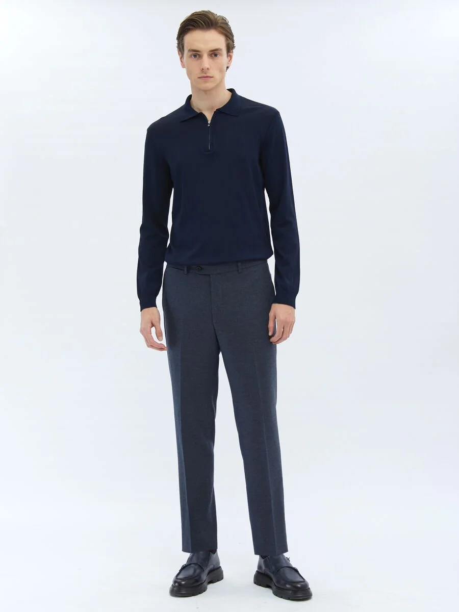 Açık Lacivert Düz Dokuma Fitted Fit Klasik Pantolon - 1