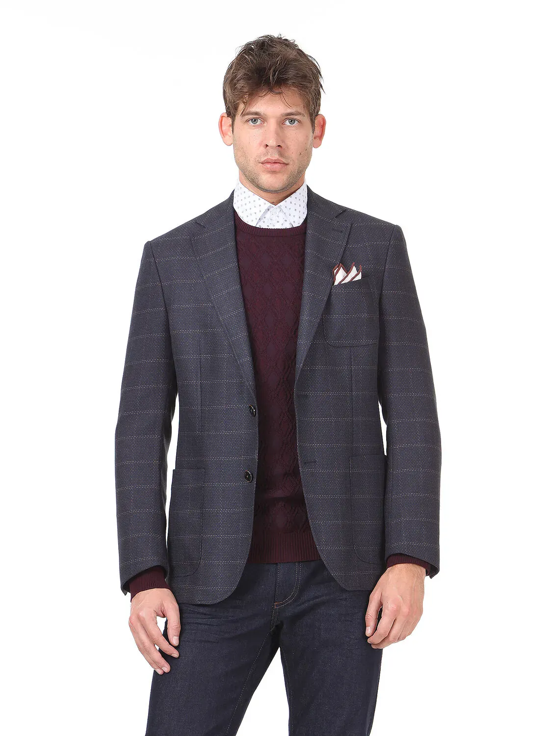 Açık Lacivert Kareli Modern Fit Ceket - 1