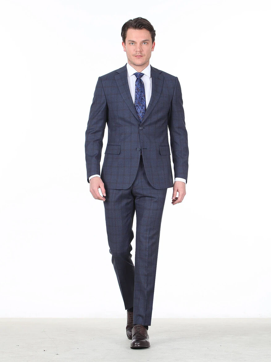 Açık Lacivert Kareli Modern Fit Yün Karışımlı Takım Elbise - 2