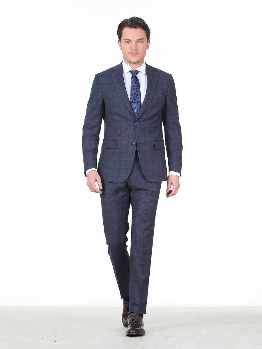 Açık Lacivert Kareli Modern Fit Yün Karışımlı Takım Elbise - 2