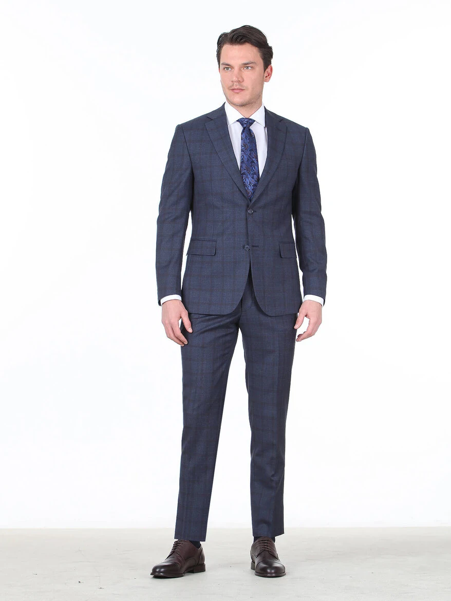 Açık Lacivert Kareli Modern Fit Yün Karışımlı Takım Elbise - 3