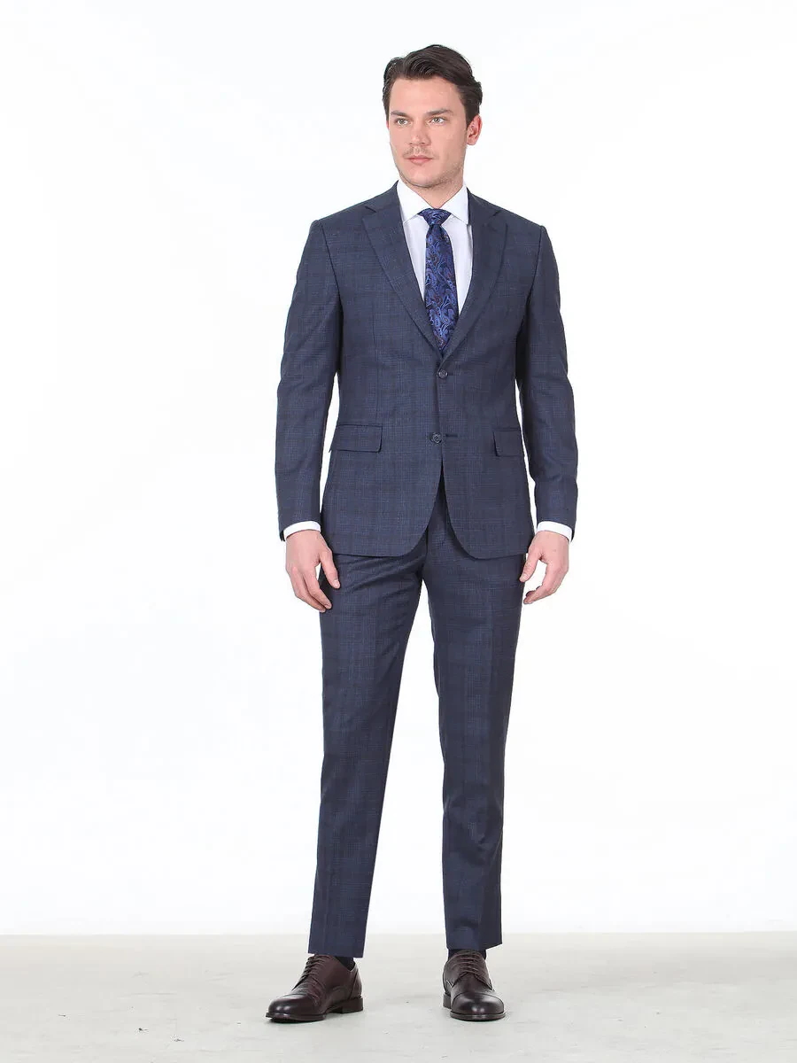 Açık Lacivert Kareli Modern Fit Yün Karışımlı Takım Elbise - 3