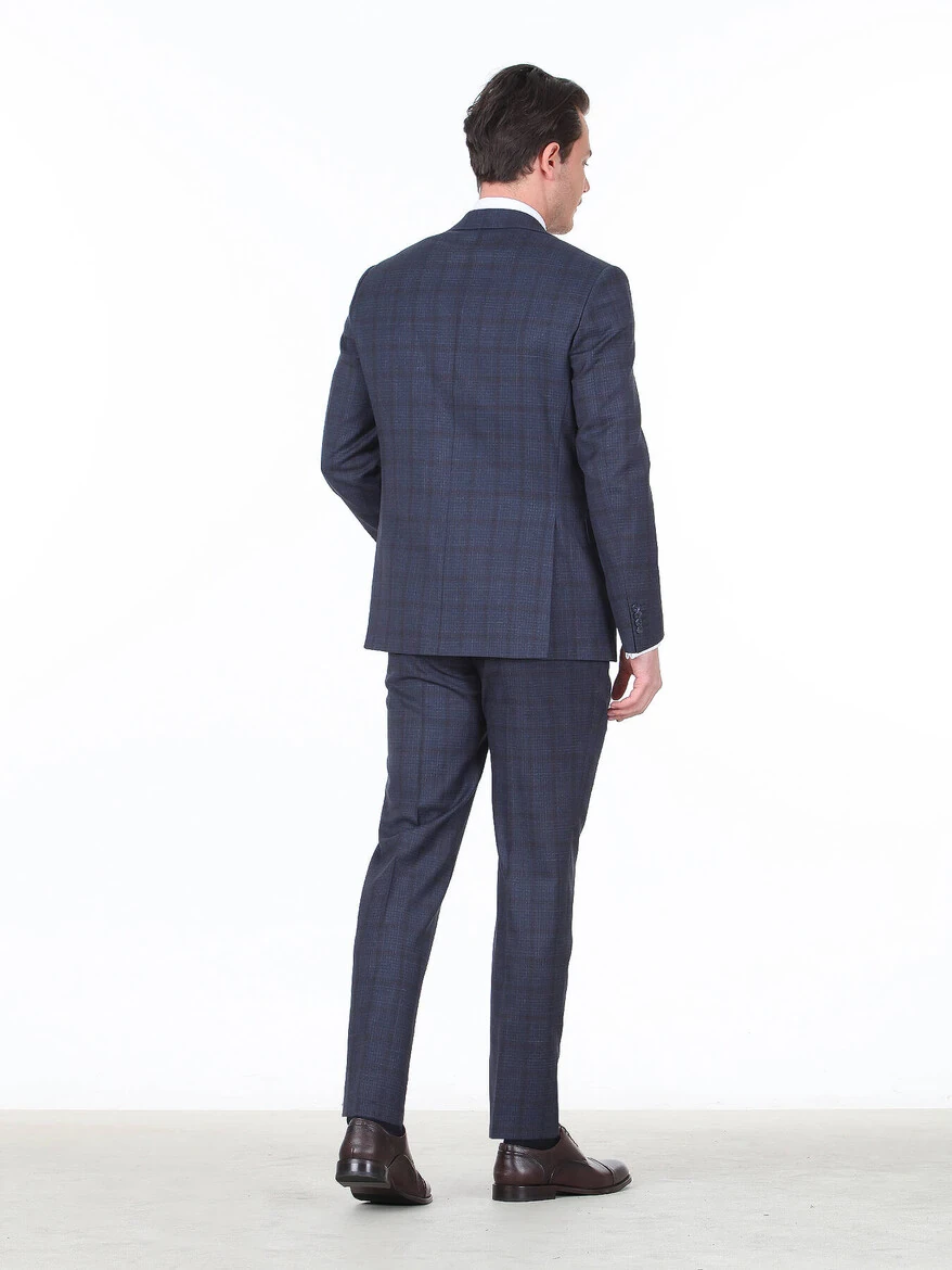 Açık Lacivert Kareli Modern Fit Yün Karışımlı Takım Elbise - 4