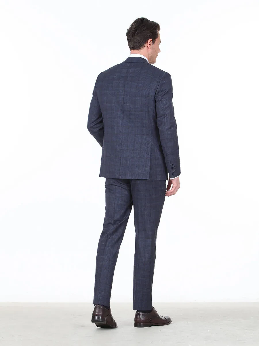 Açık Lacivert Kareli Modern Fit Yün Karışımlı Takım Elbise - 4