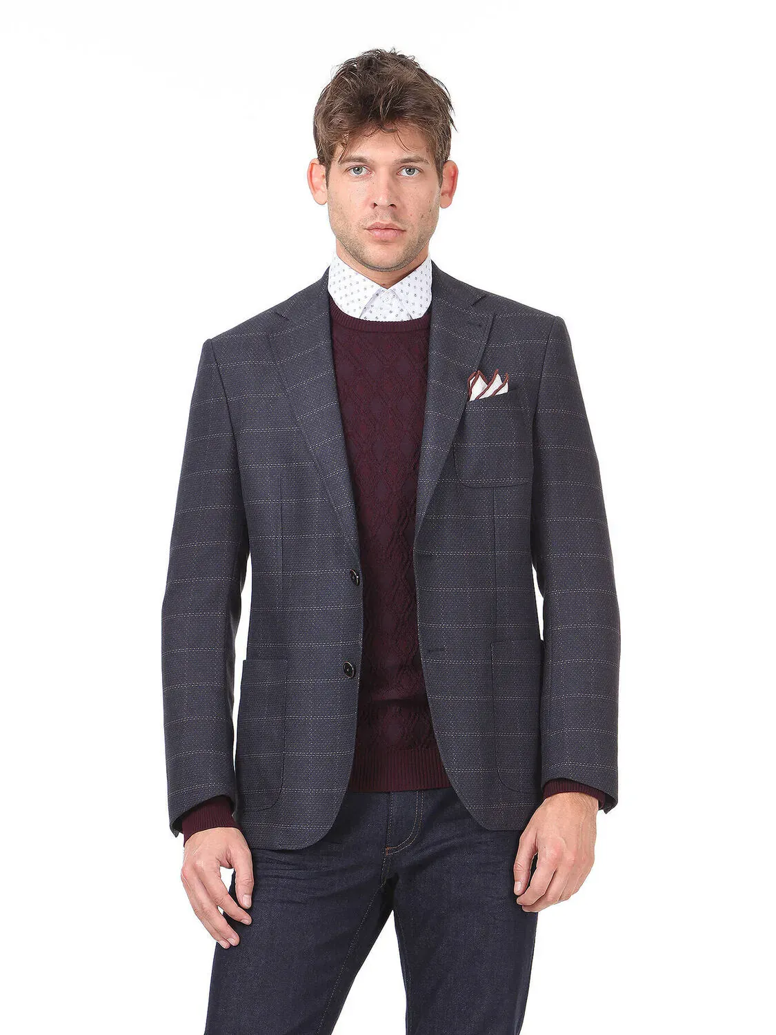 Açık Lacivert Kareli Regular Fit Ceket - 1
