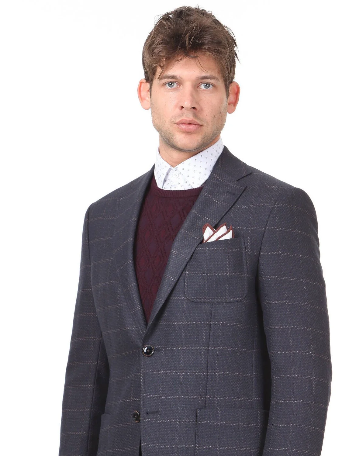 Açık Lacivert Kareli Regular Fit Ceket - 2