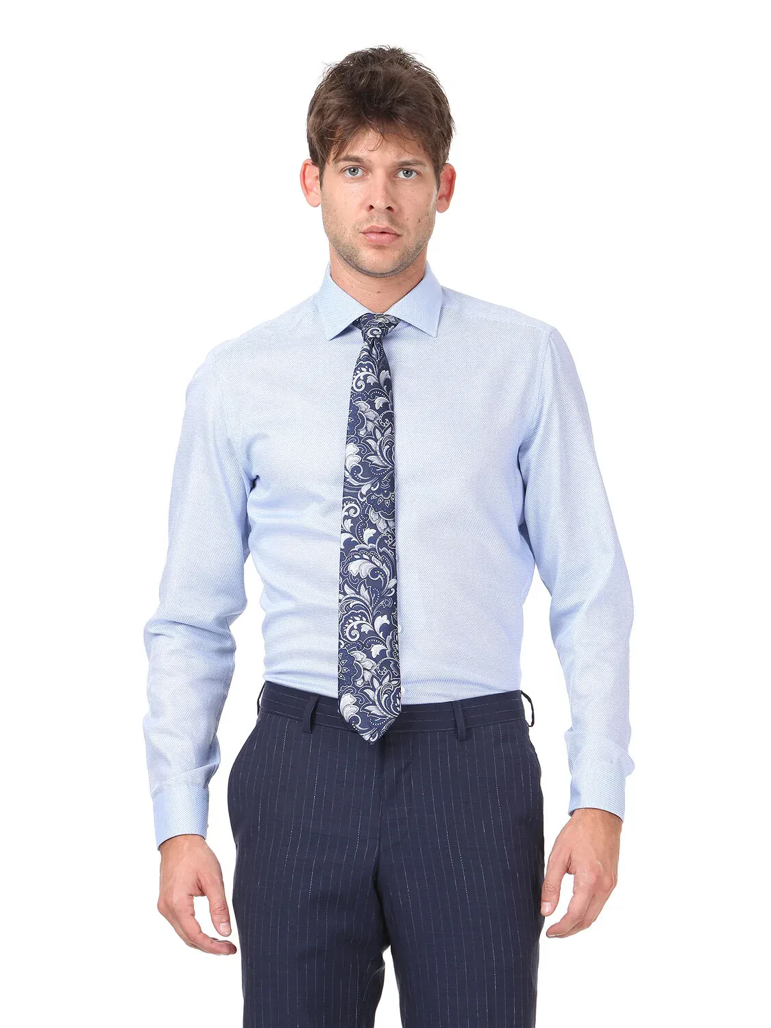 Açık Lacivert Mikro Slim Fit Dokuma Klasik %100 Pamuk Gömlek - 1