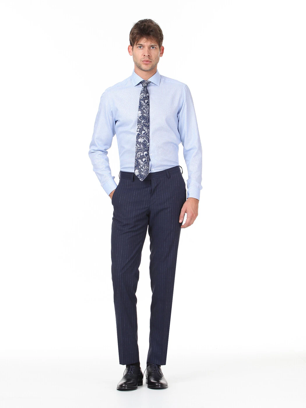 Açık Lacivert Mikro Slim Fit Dokuma Klasik %100 Pamuk Gömlek - 3