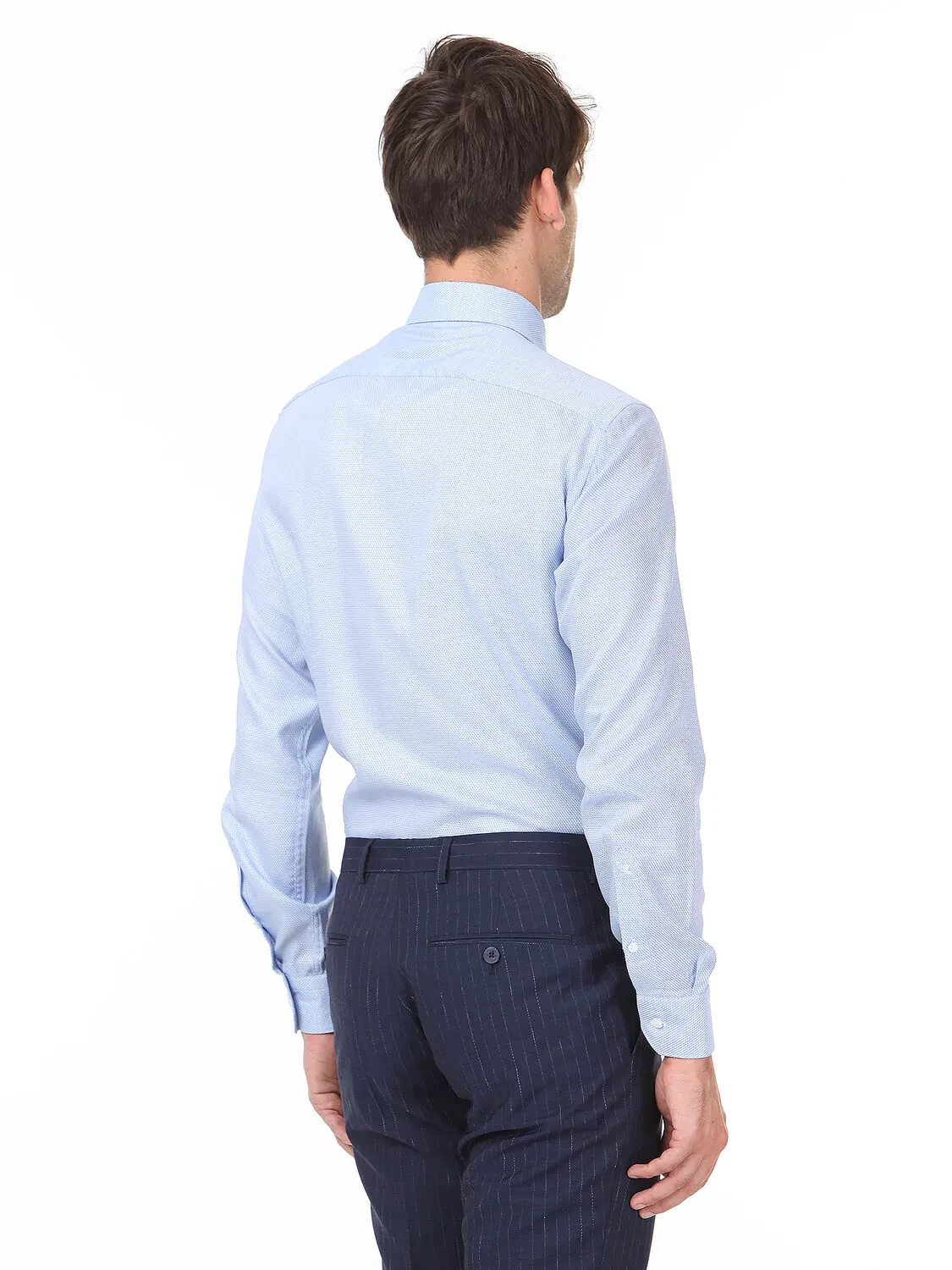 Açık Lacivert Mikro Slim Fit Dokuma Klasik %100 Pamuk Gömlek - 4