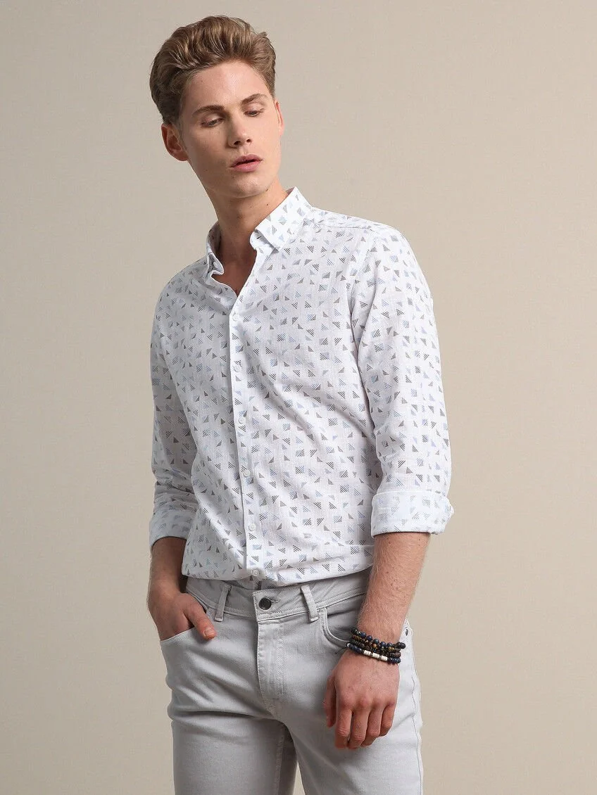 Açık Mavi Baskılı Regular Fit Dokuma Casual %100 Pamuk Gömlek - 2