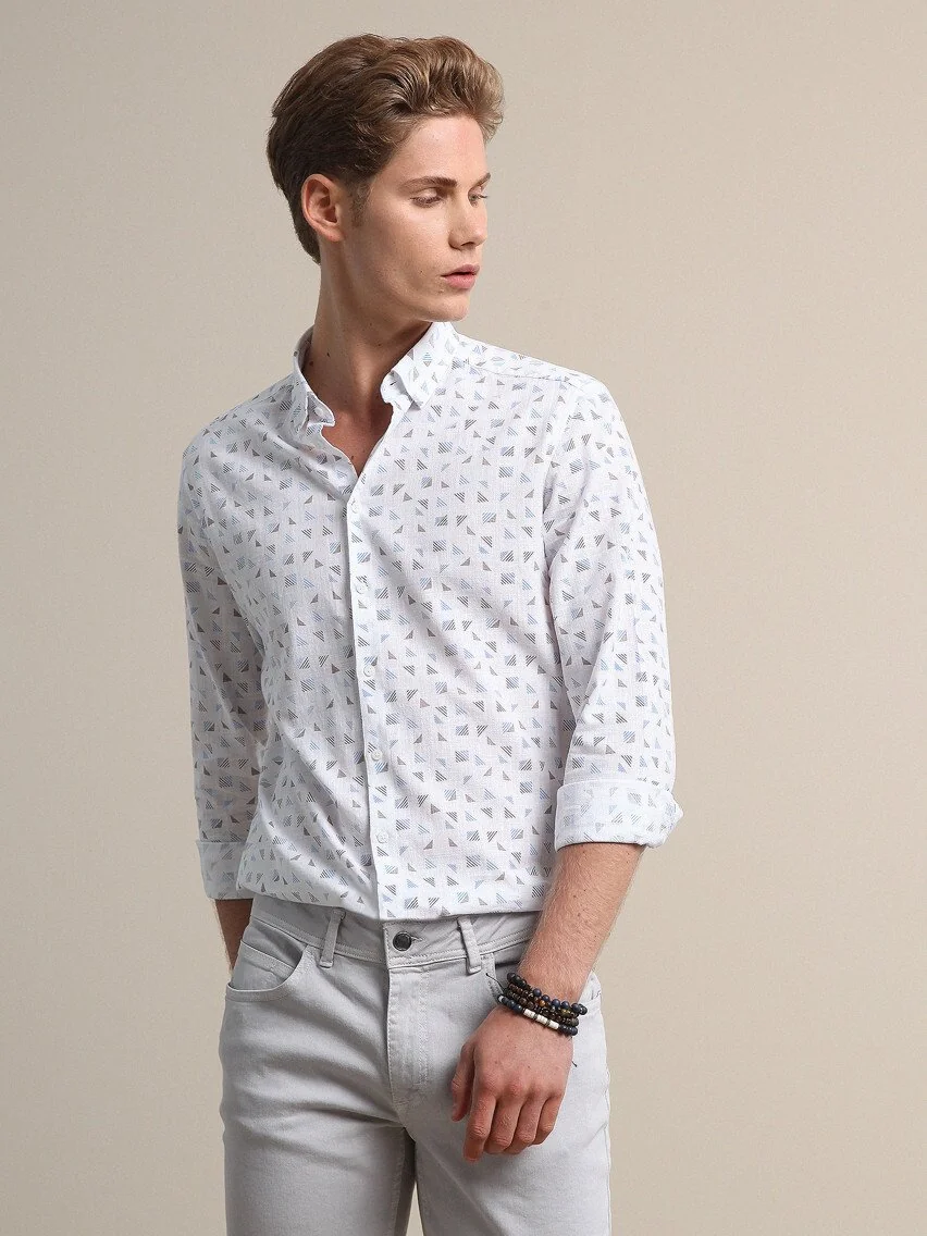 Açık Mavi Baskılı Regular Fit Dokuma Casual %100 Pamuk Gömlek - 4