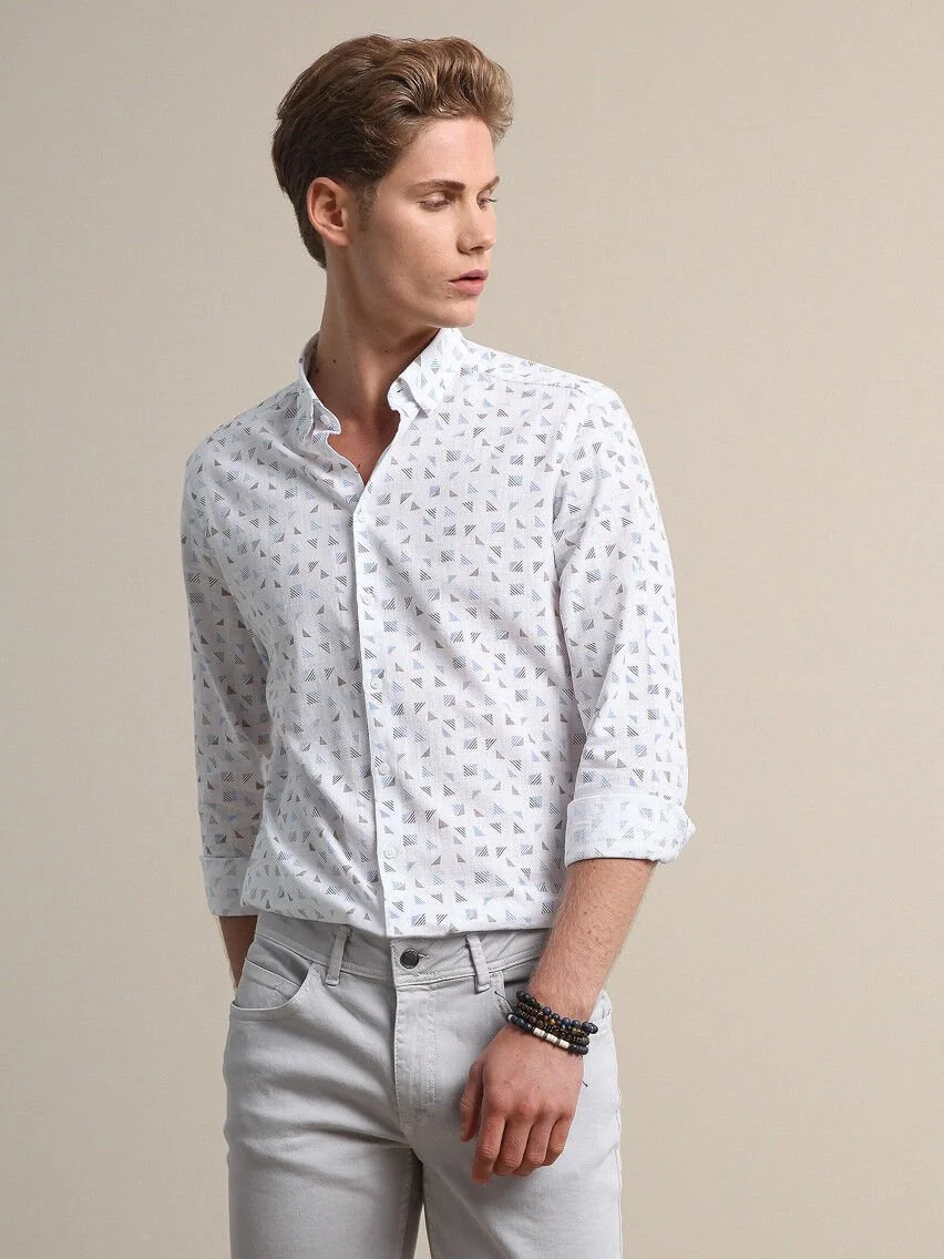 Açık Mavi Baskılı Regular Fit Dokuma Casual %100 Pamuk Gömlek - 4