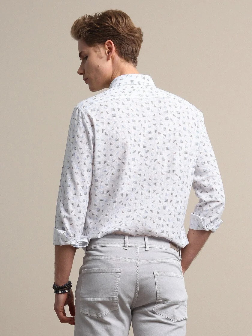 Açık Mavi Baskılı Regular Fit Dokuma Casual %100 Pamuk Gömlek - 5