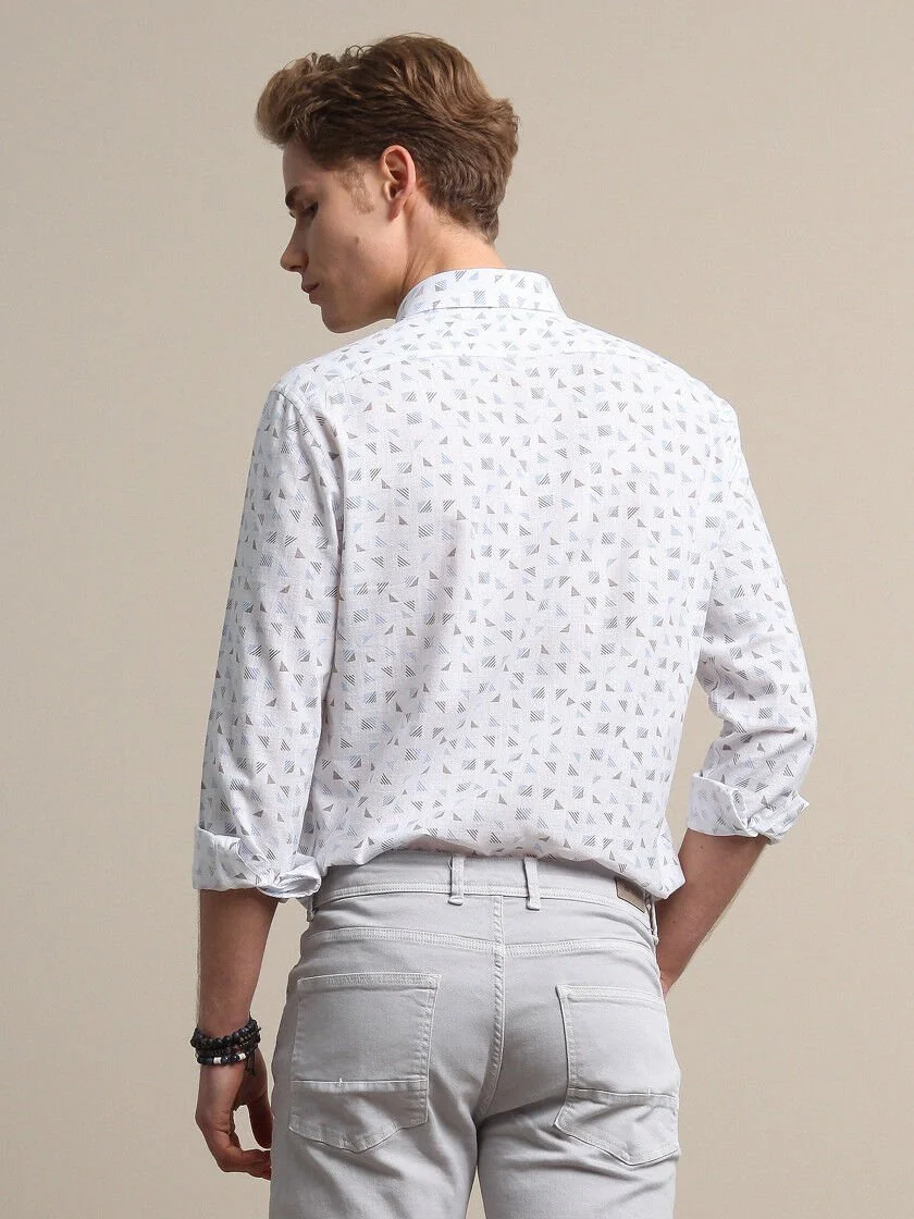 Açık Mavi Baskılı Regular Fit Dokuma Casual %100 Pamuk Gömlek - 5