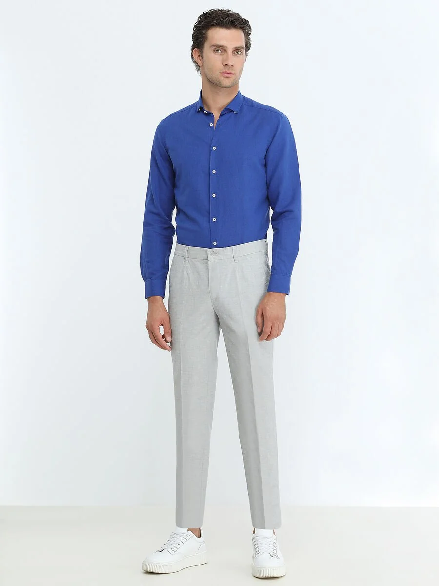 Açık Mavi Dokuma Slim Fit Smart Casual Pamuk Karışımlı Pantolon - 2