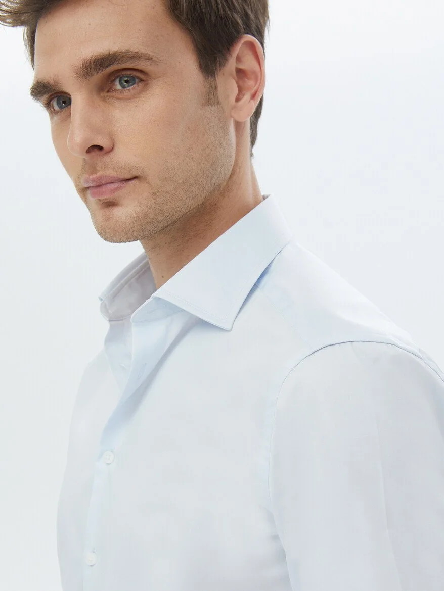 Açık Mavi Düz Slim Fit Dokuma Klasik %100 Pamuk Gömlek - 5