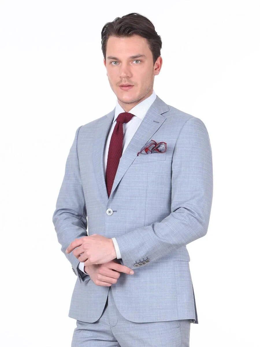 Açık Mavi Kareli Regular Fit %100 Yün Takım Elbise - 1
