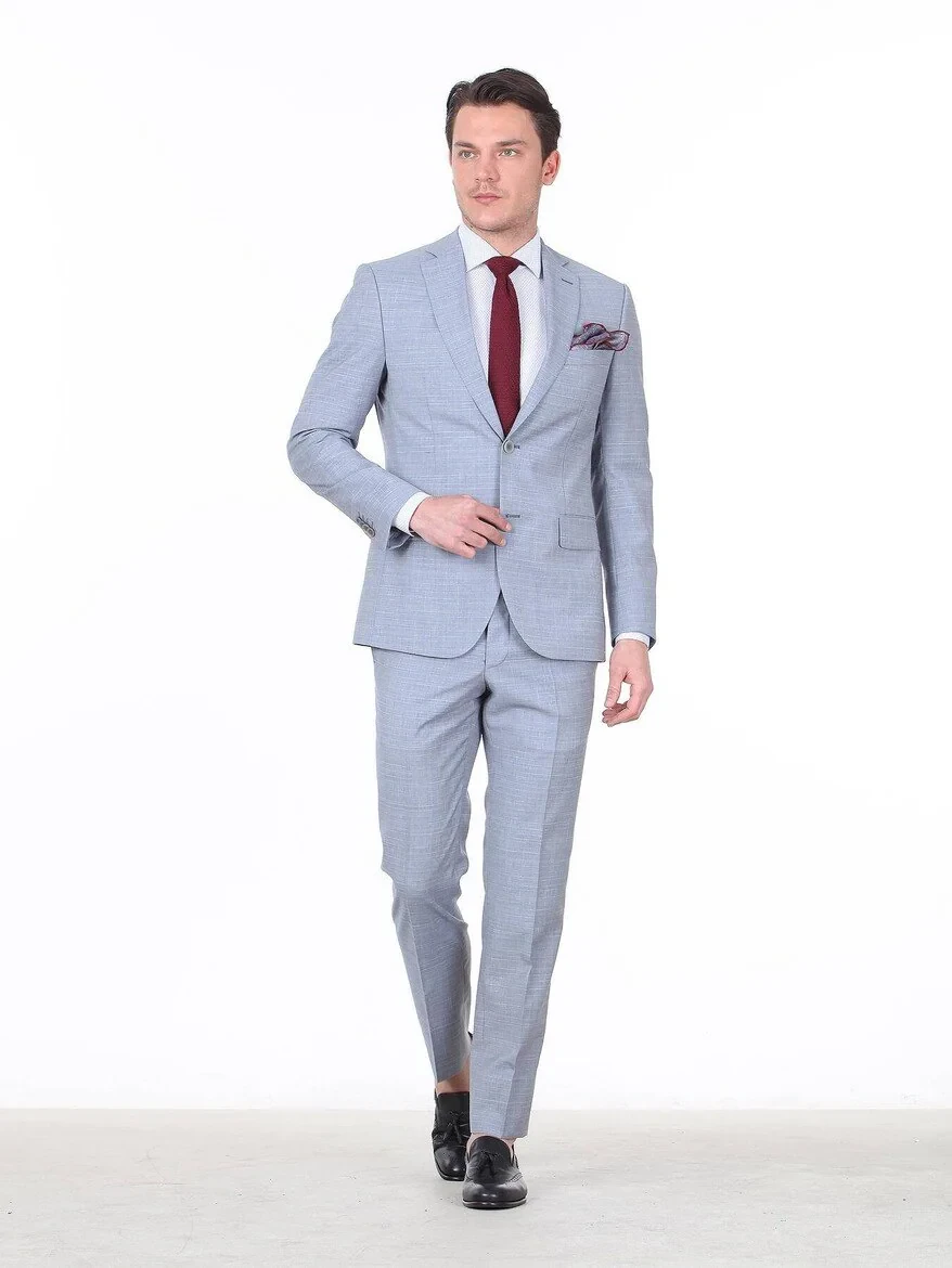 Açık Mavi Kareli Regular Fit %100 Yün Takım Elbise - 2