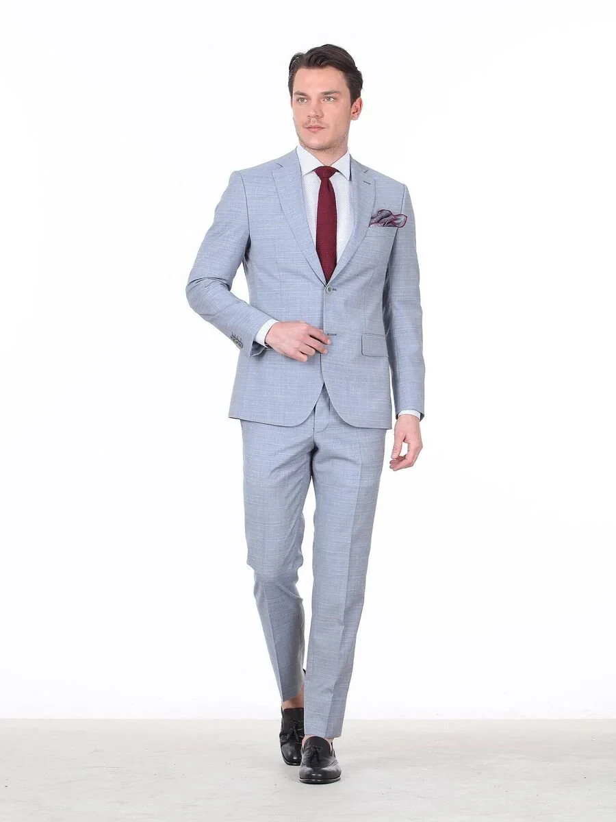 Açık Mavi Kareli Regular Fit %100 Yün Takım Elbise - 2