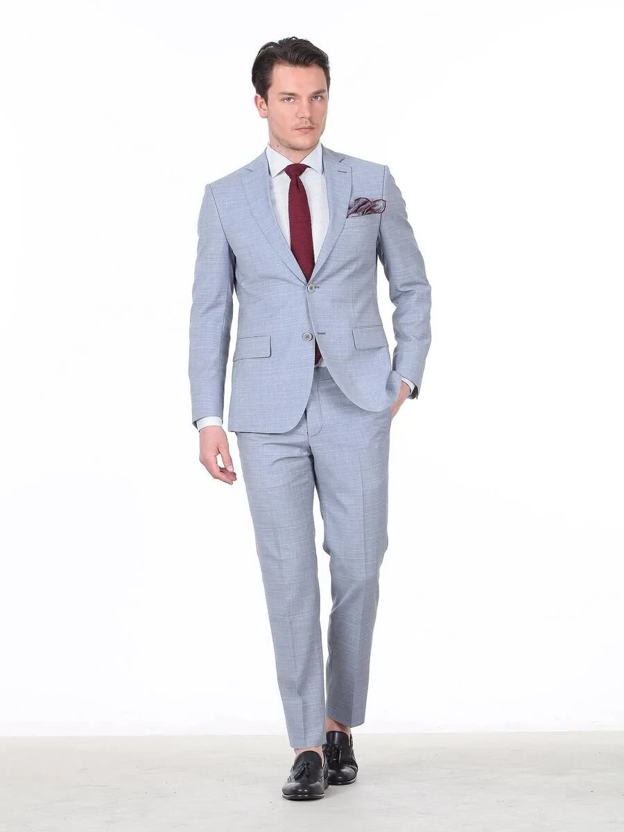 Açık Mavi Kareli Regular Fit %100 Yün Takım Elbise - 3
