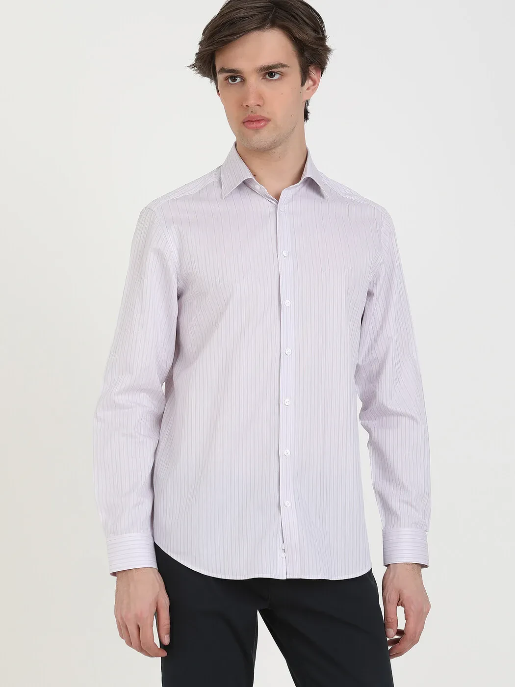 Açık Pembe Çizgili Regular Fit Dokuma Klasik %100 Pamuk Gömlek - 2