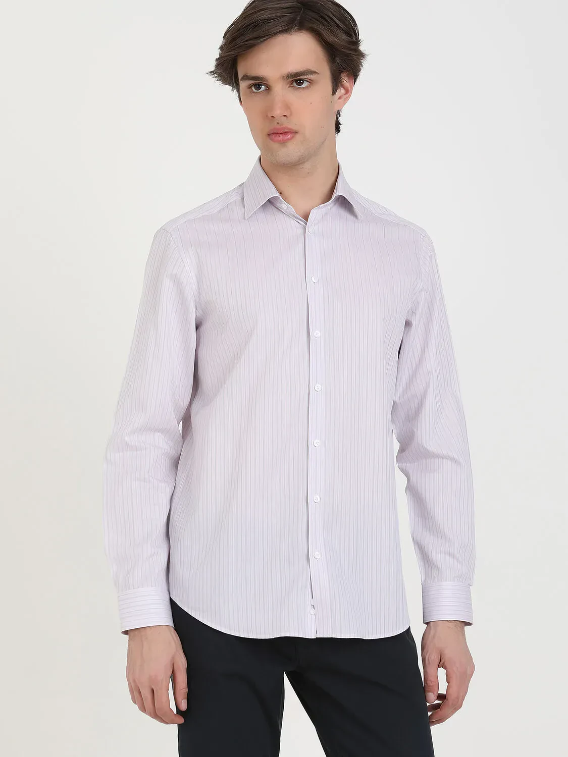 Açık Pembe Çizgili Regular Fit Dokuma Klasik %100 Pamuk Gömlek - 2