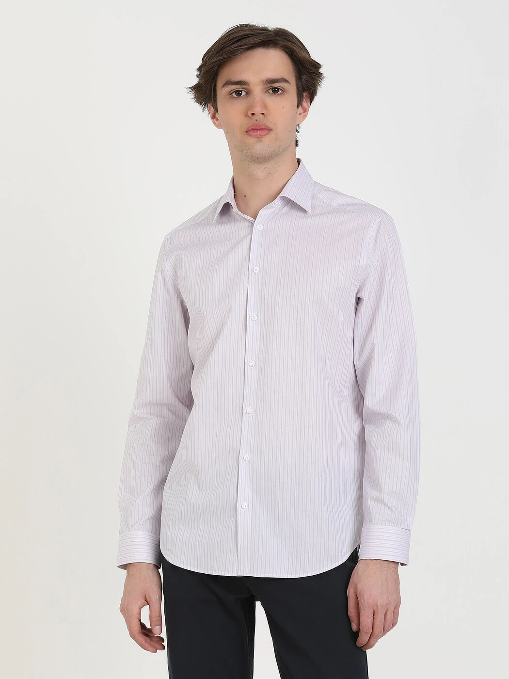 Açık Pembe Çizgili Regular Fit Dokuma Klasik %100 Pamuk Gömlek - 3