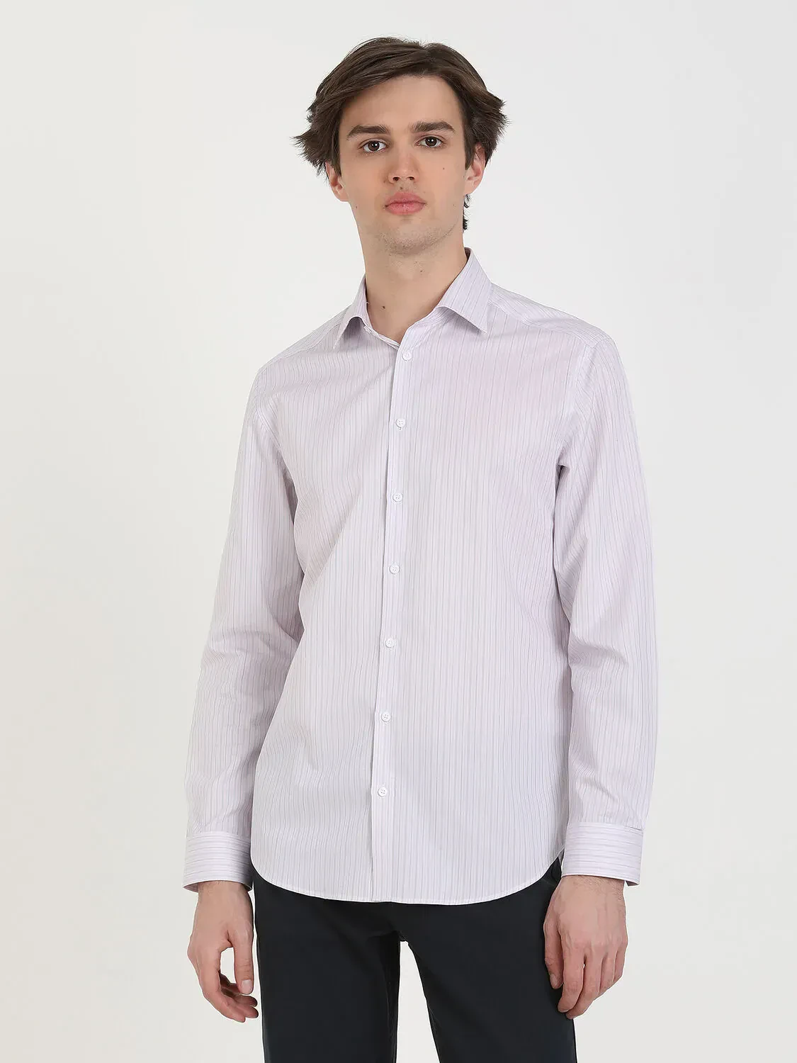 Açık Pembe Çizgili Regular Fit Dokuma Klasik %100 Pamuk Gömlek - 3